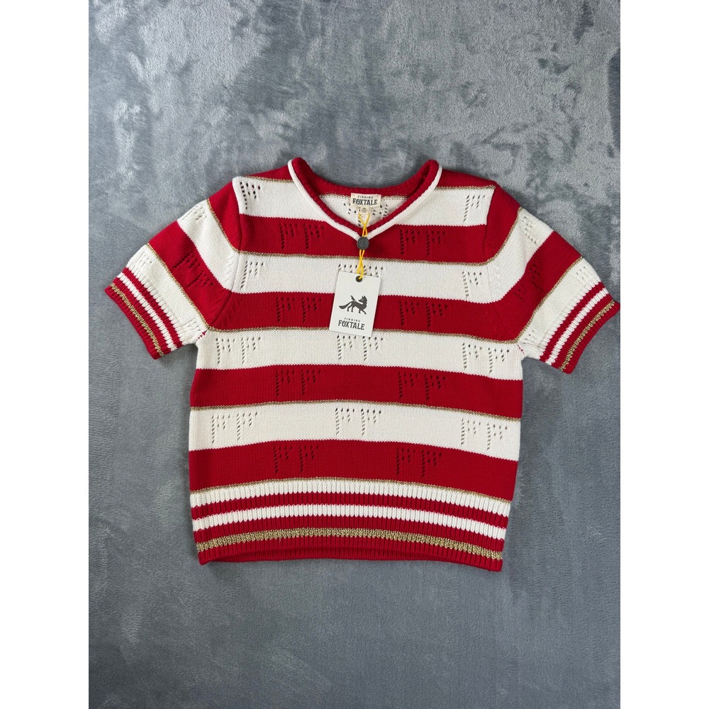 Finding Foxtale Salute Sweater Girls 10 NWT Red White Gold Pointelle Knit